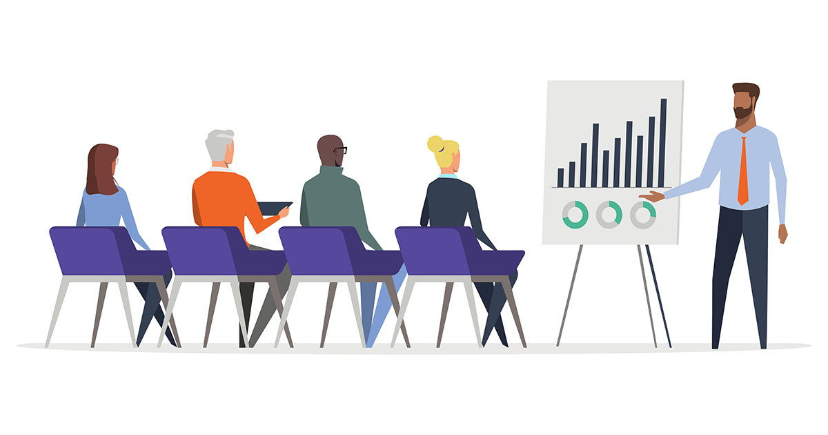 illustration of commercial real estate brokers evaluating market statistics