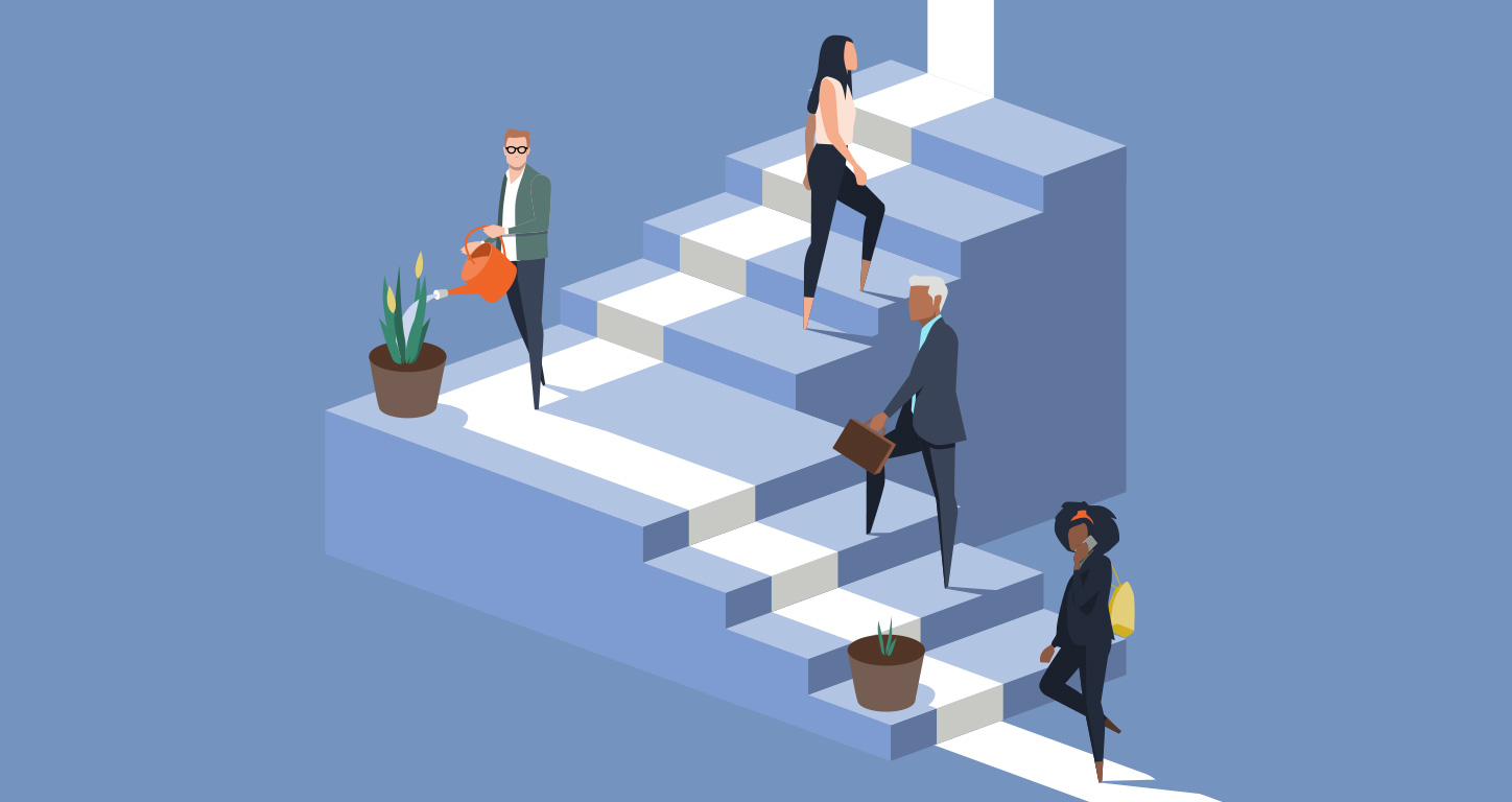 illustration of a set of stairs with an arrow going up and professionals climbing the staircase
